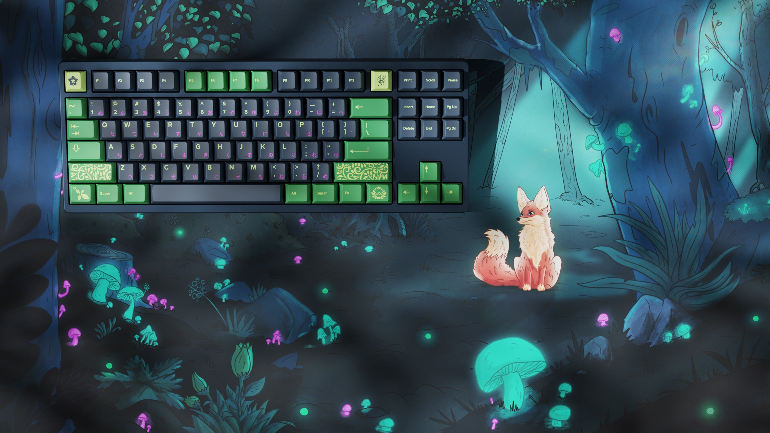 kfaPBT Forest Watcher keycaps navy and green mechanical keyboards. Inspired by lush greenery of a forest with a touch of magic. Also has a matching Deskmat design.