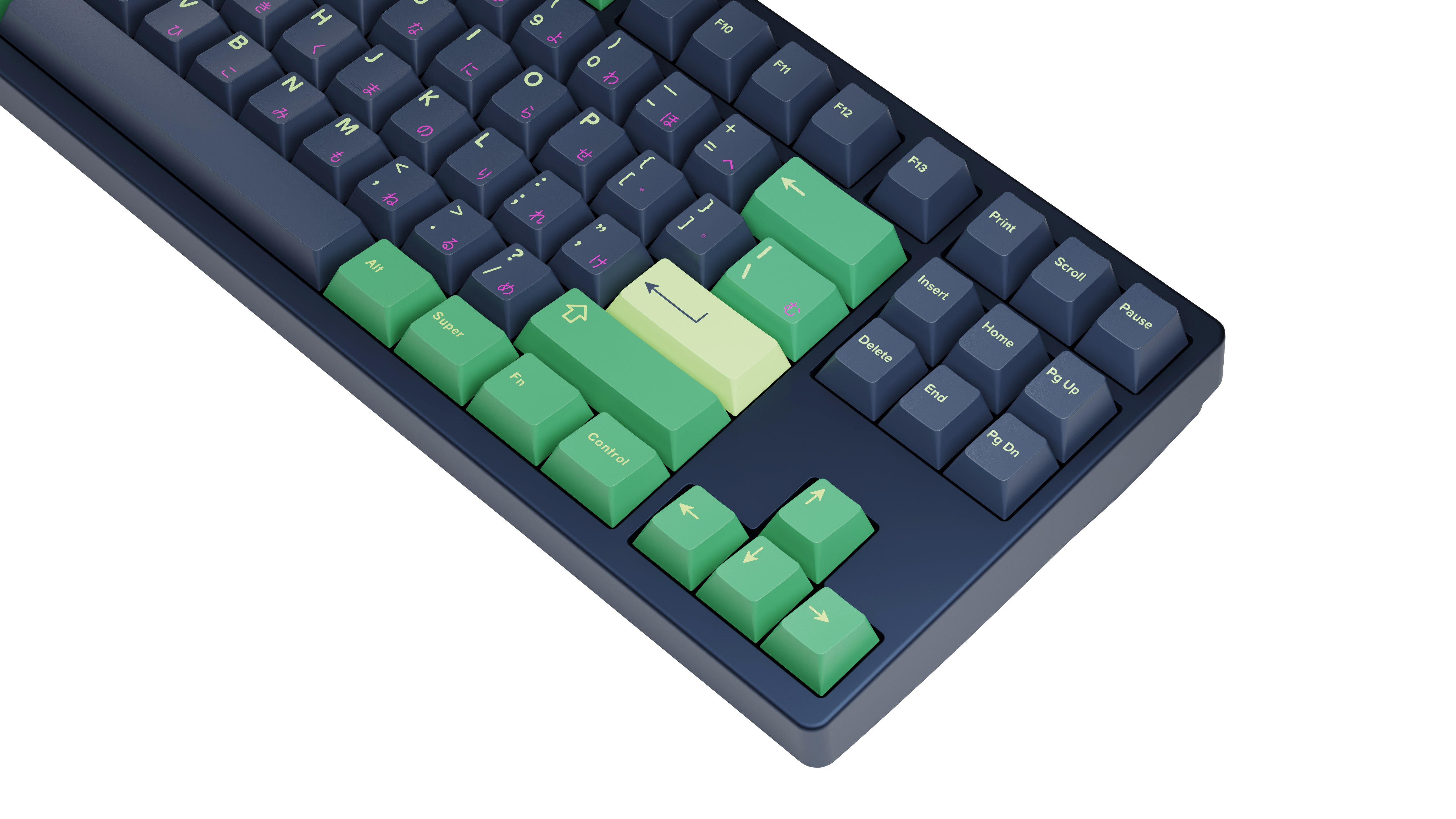 kfaPBT Forest Watcher keycaps with a beautful shade of blue and green and purple sub-legends with a touch of magic.