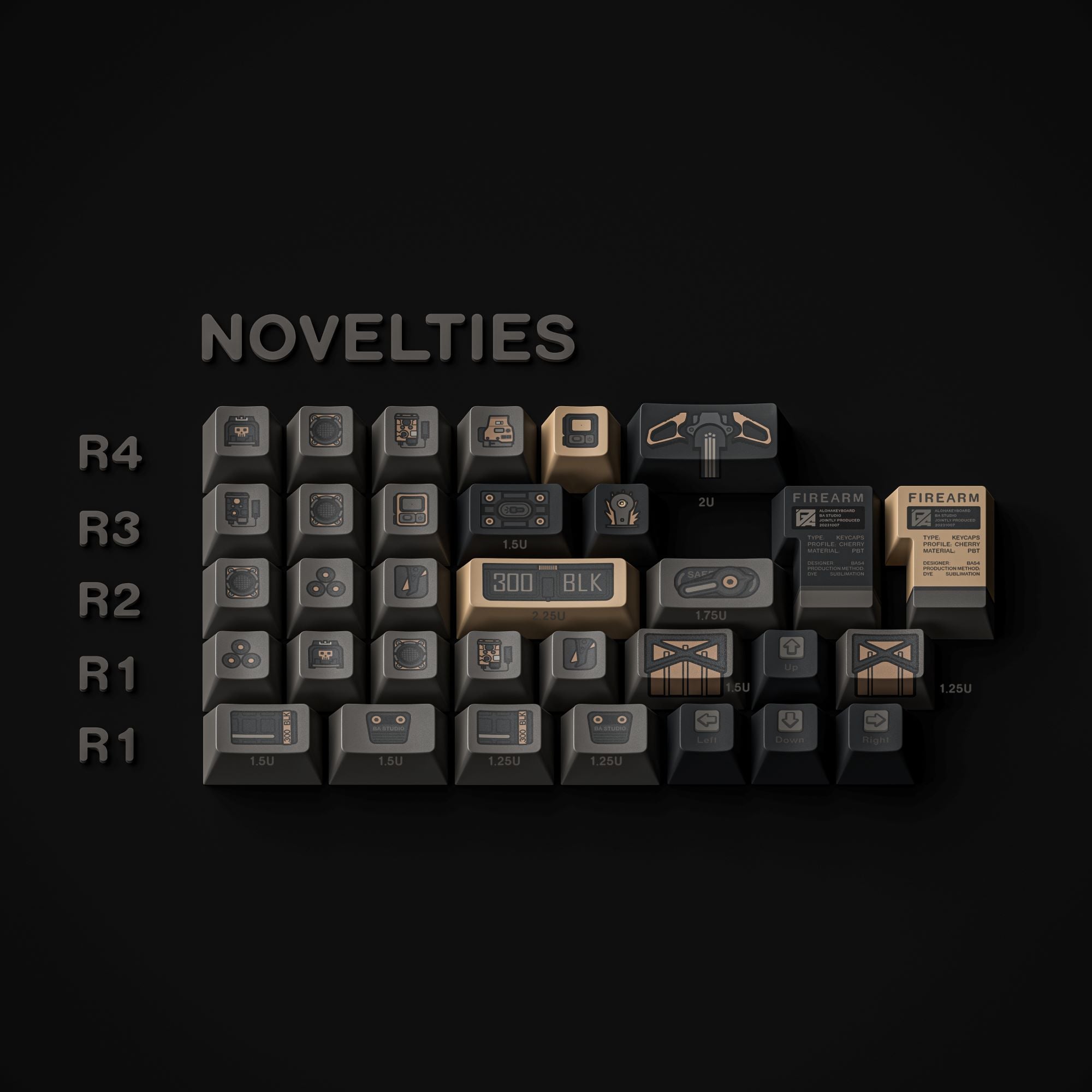 Close up of ALOHAKB EPBT Firearm Cherry Profile Keycaps Set