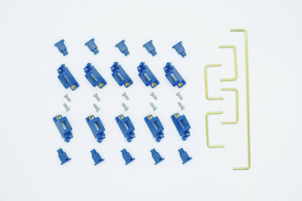 KFA Screw-In Stabilizer Kit (4x 2u stabilizers & 1 x 6.25u stabilizer): 10 Housing Units, 10 Stem Units, 4 Gold Plated 2u Wires, 1 Gold Plated 6.25u Wire, 10 Screws