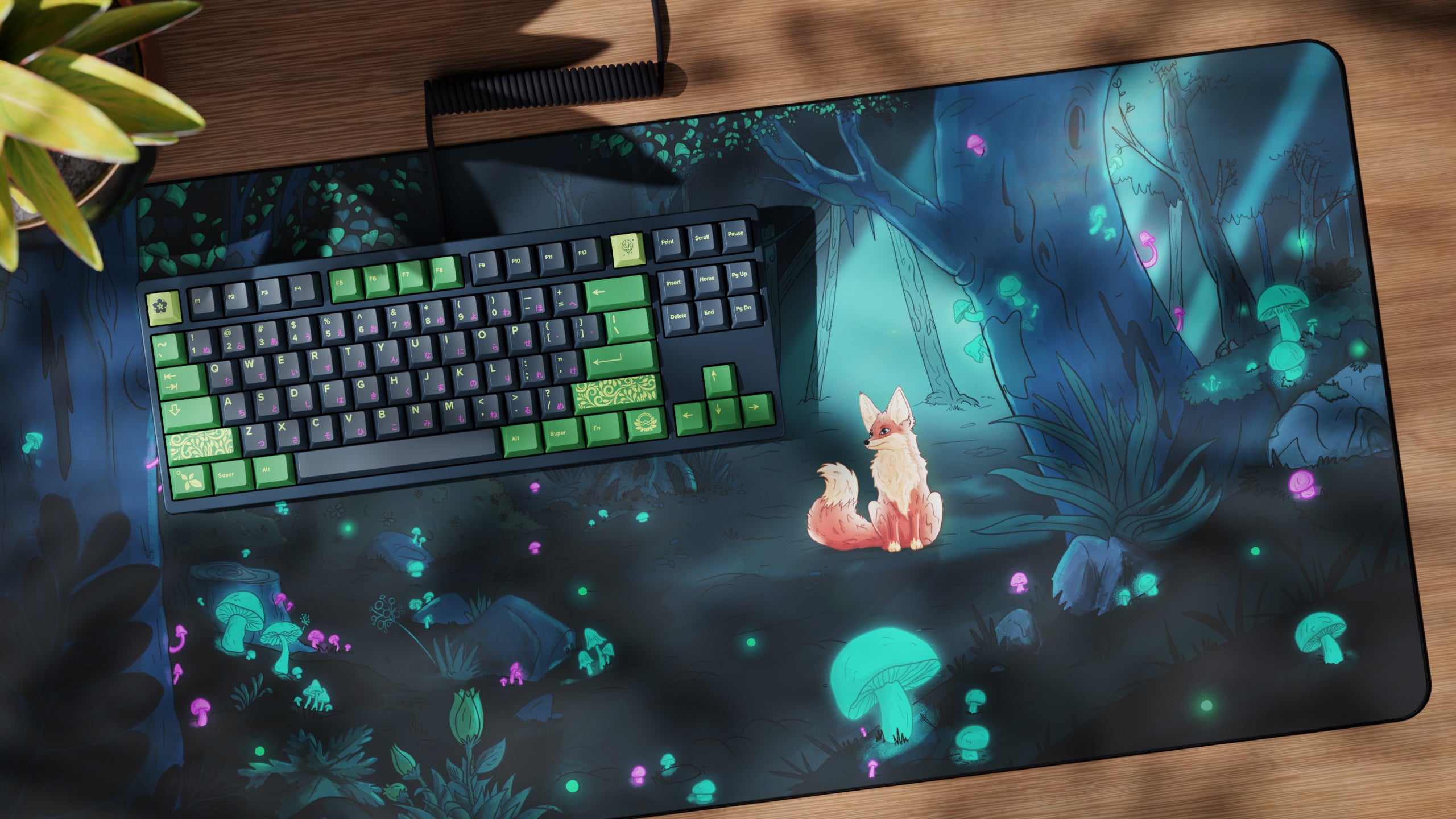 kfaPBT Forest Watcher keycaps navy and green mechanical keyboards. Inspired by lush greenery of a forest with a touch of magic.  Also has a matching Deskmat design. 