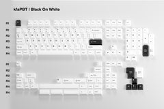 Detailed view of kfaPBT Black on White Keycaps for Mechanical Keyboards