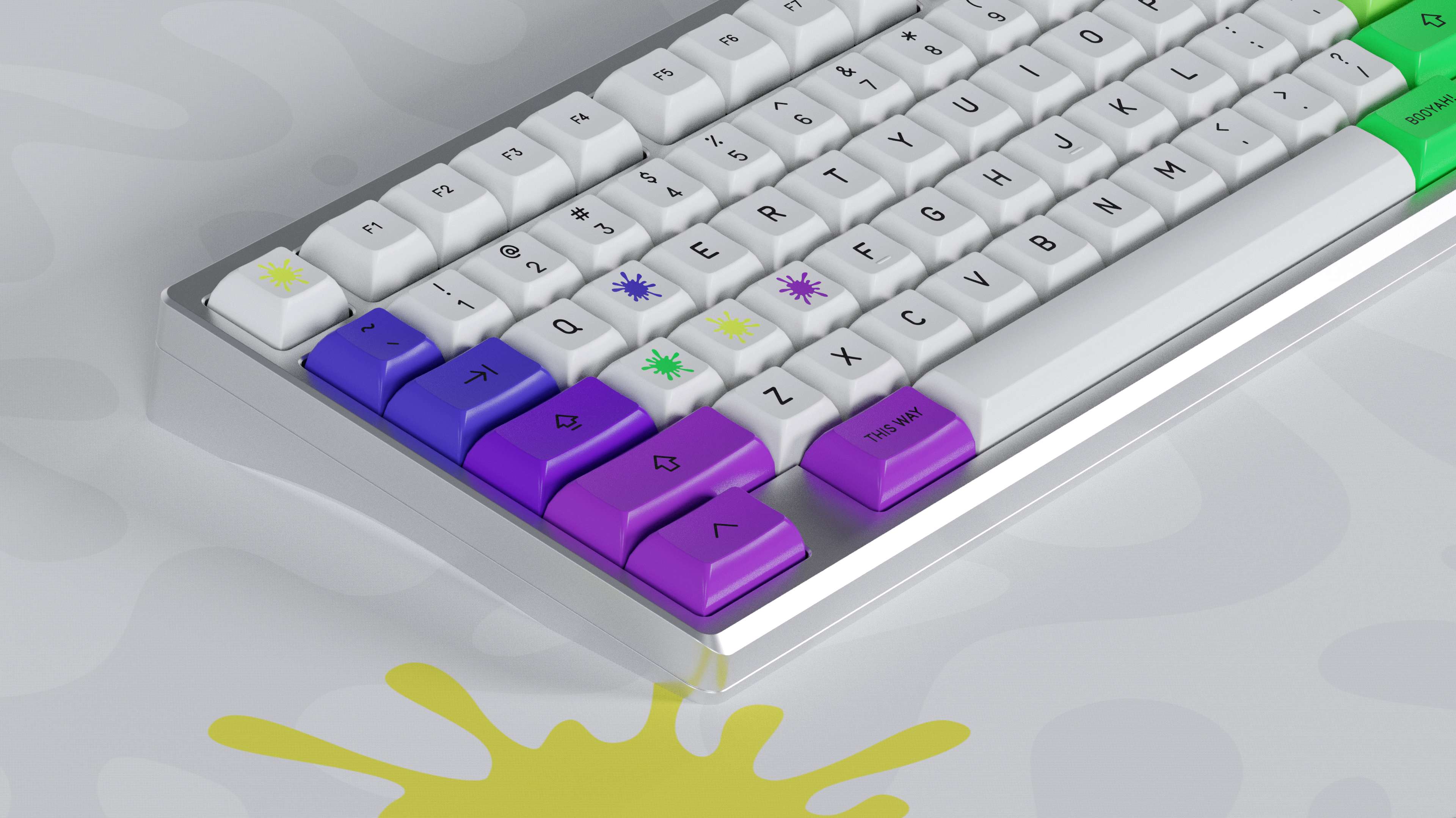 Image of three-quarter view of a keyboard with the KAM Soda Squid PBT keycaps for custom mechanical computer keyboards.