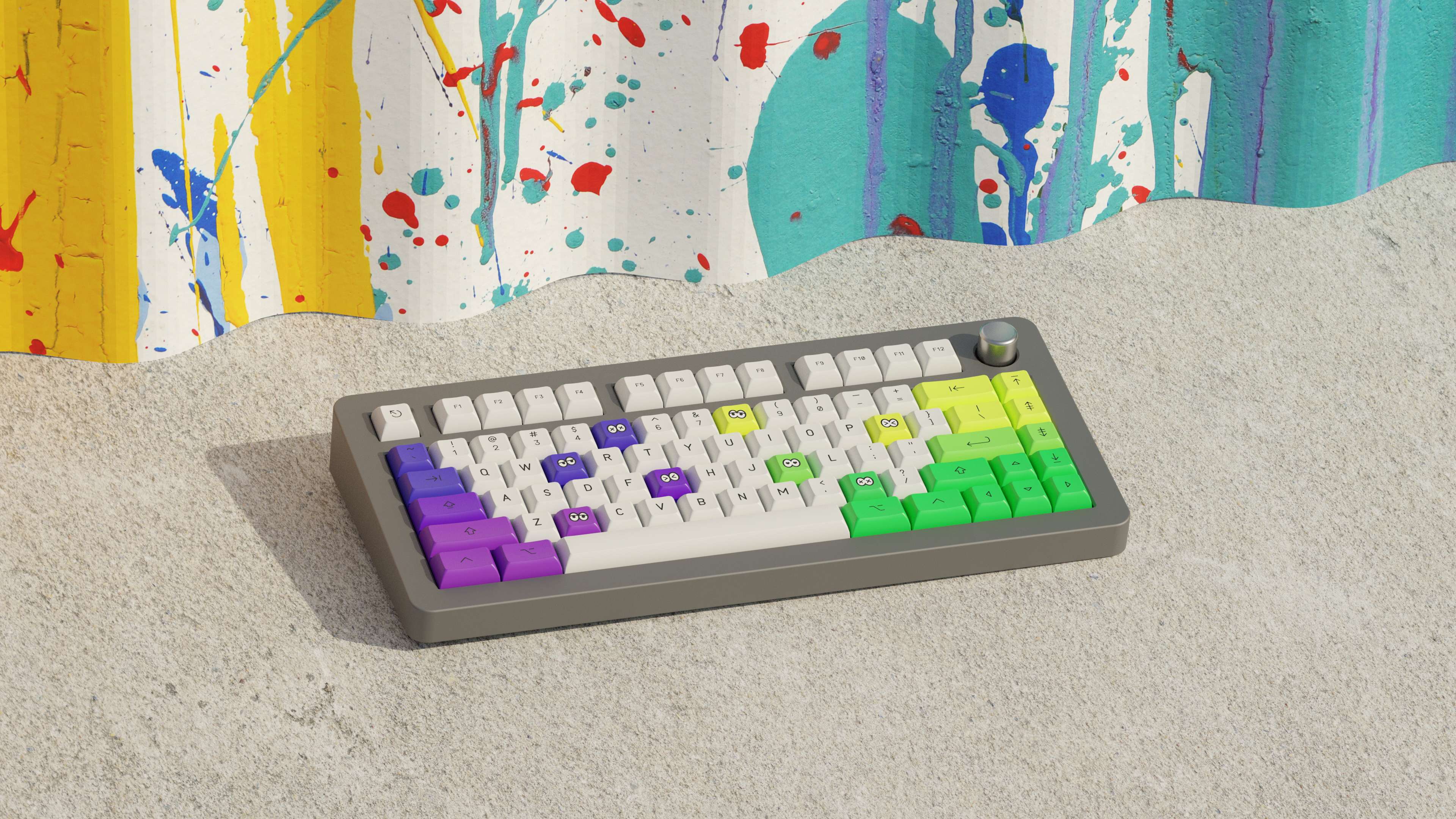 Image of a top down view for a sixty-five percent keyboard with the KAM Soda Squid PBT keycaps for custom mechanical computer keyboards.