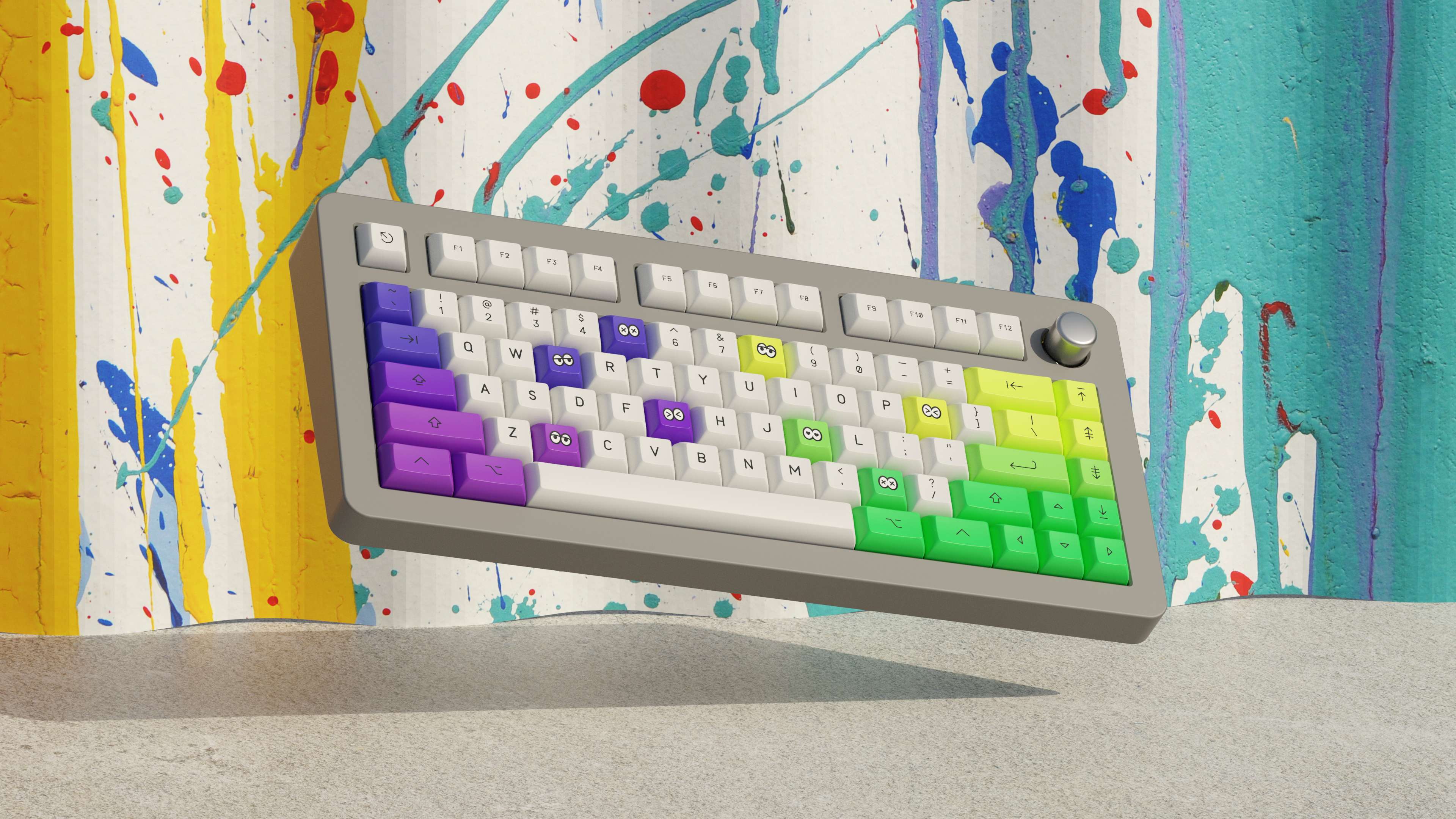 Image of a floating sixty-five percent keyboard with the KAM Soda Squid PBT keycaps for custom mechanical computer keyboards.