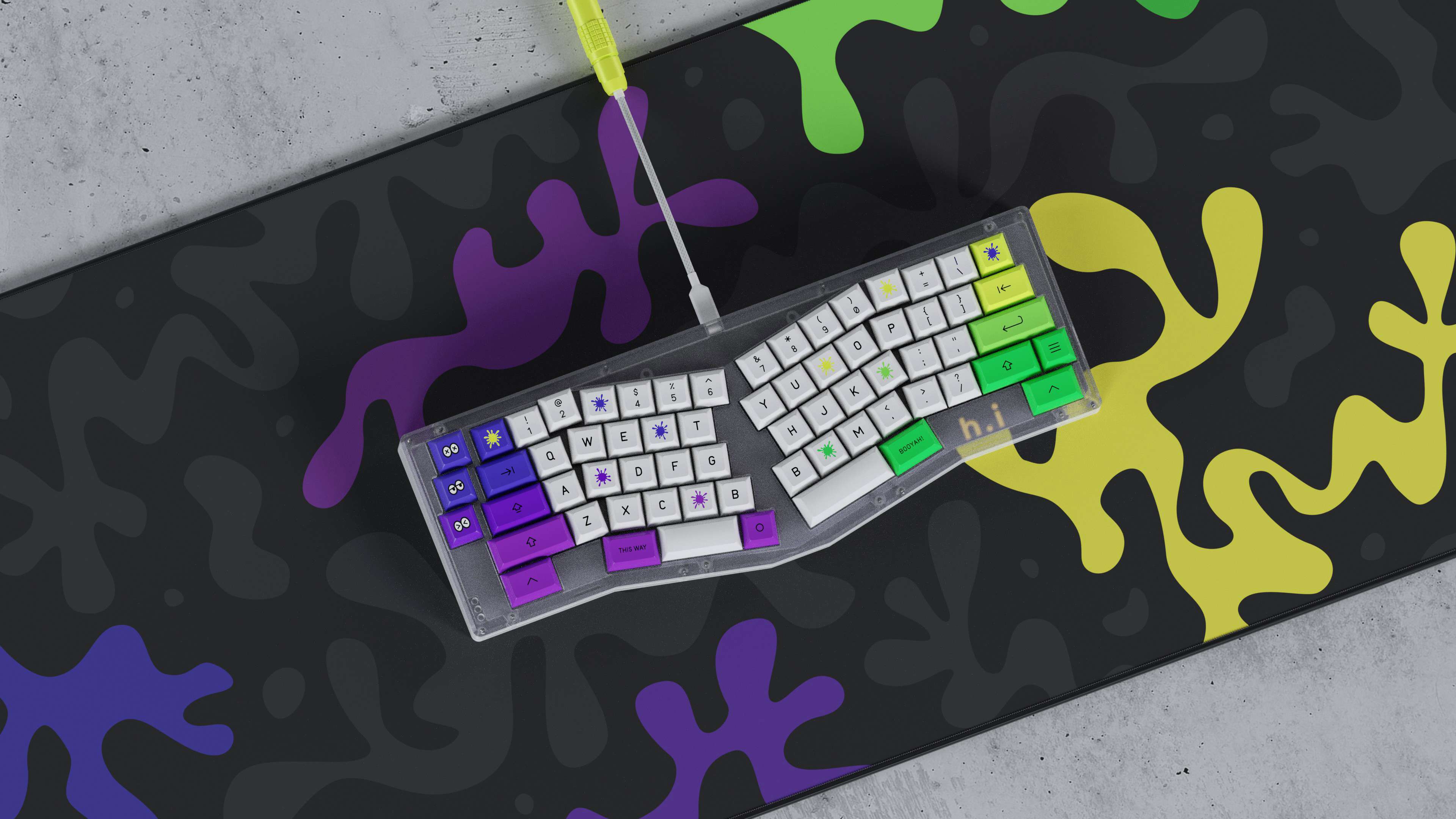 Top down view of an alice-layout keyboard with the KAM Soda Squid PBT keycaps for custom mechanical computer keyboards.