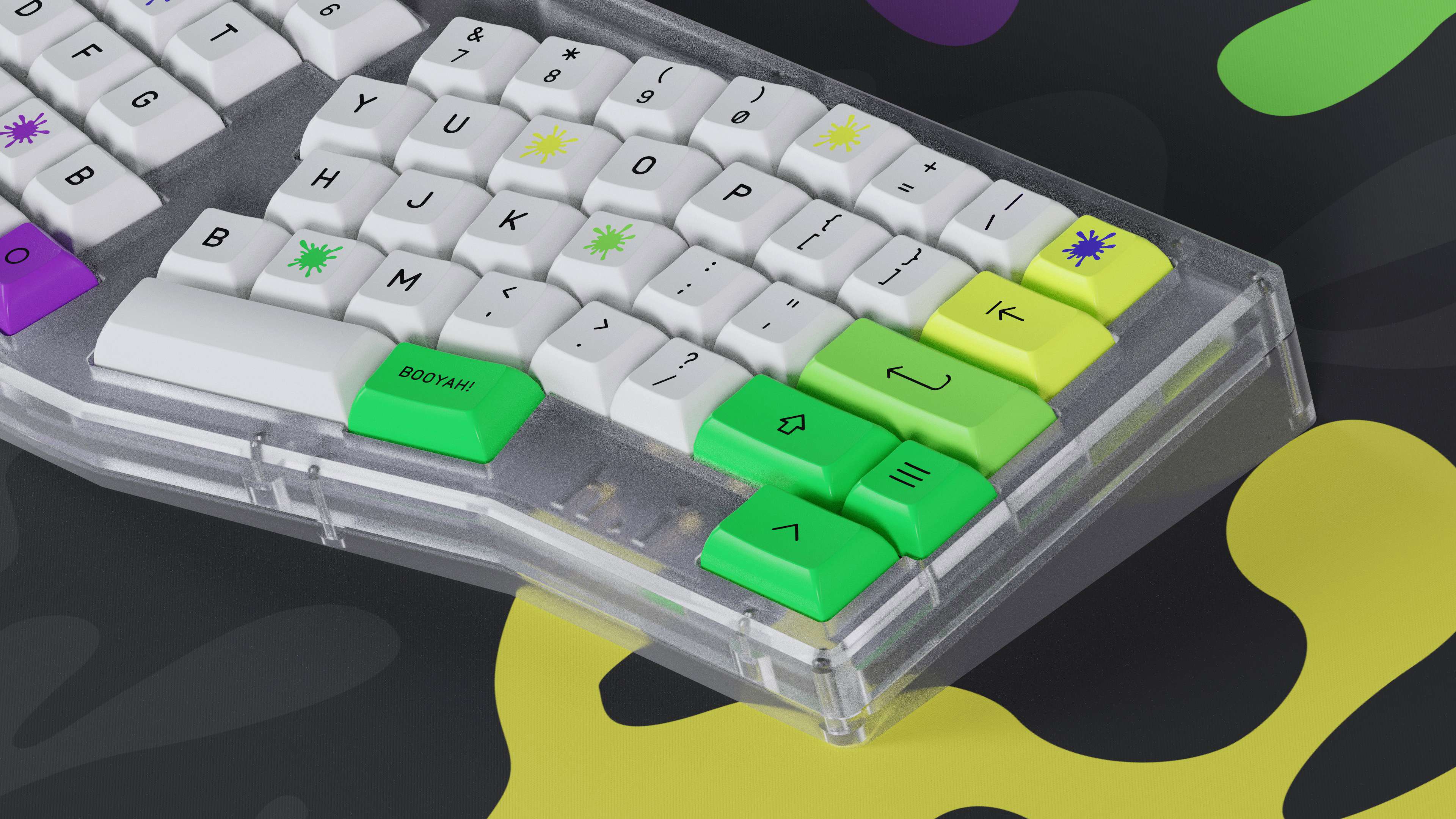 Image of a half view of an alice-layout keyboard with the KAM Soda Squid PBT keycaps for custom mechanical computer keyboards.