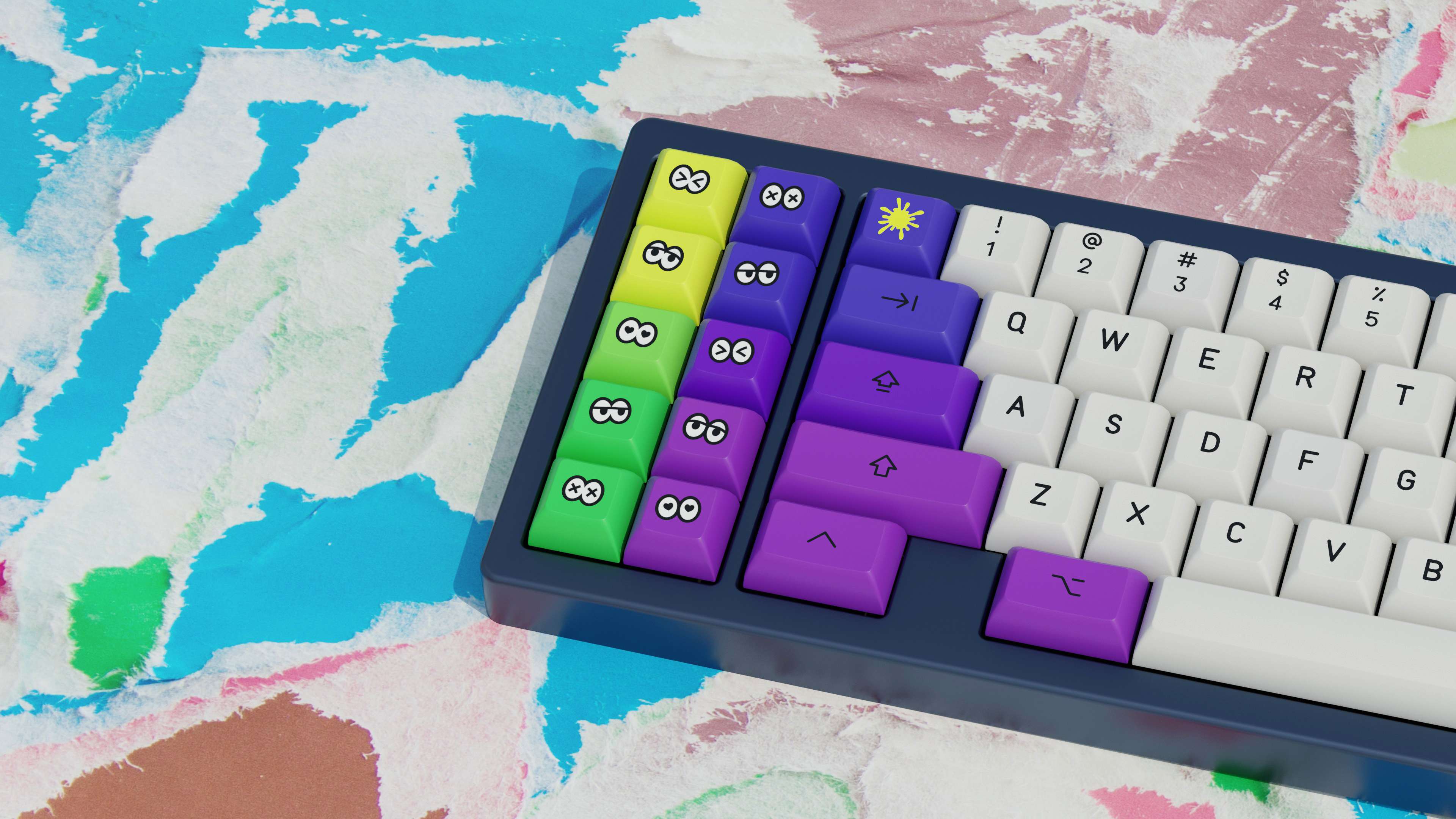 Image of a half-view of a south paw sixty-five percent keyboard with the KAM Soda Squid PBT keycaps for custom mechanical computer keyboards.