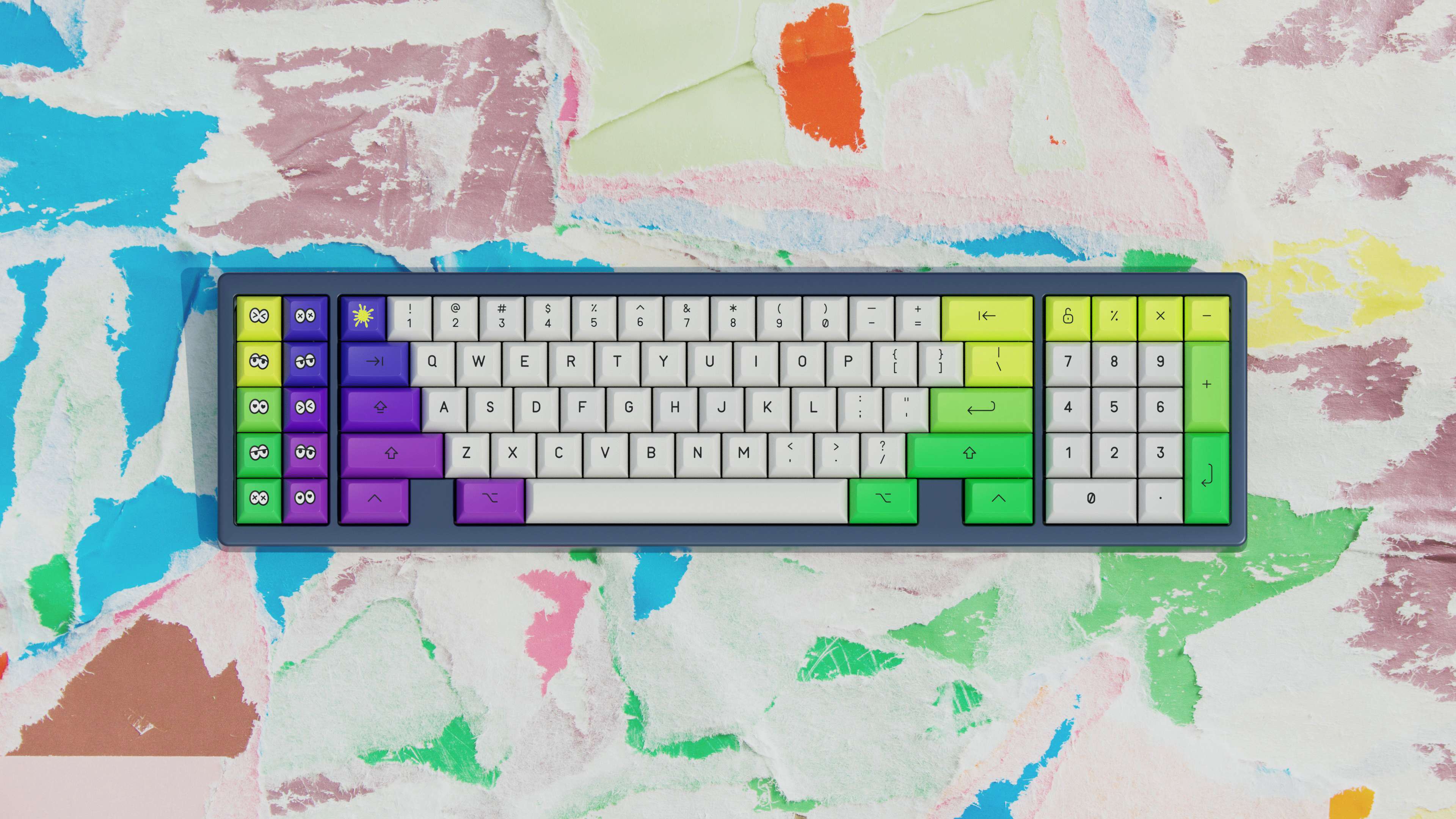 Image of a sixty-eight percent keyboard with the KAM Soda Squid PBT keycaps for custom mechanical computer keyboards.