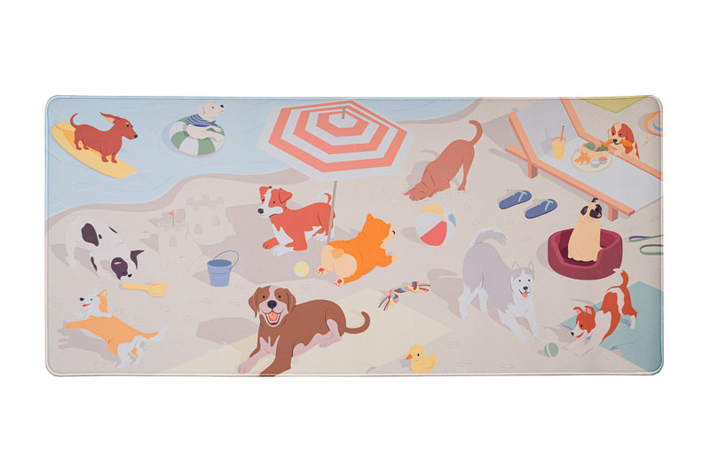 Good Boys Beach Deskmat Deskpad - This mat showcases a variety of dogs having a long day at th