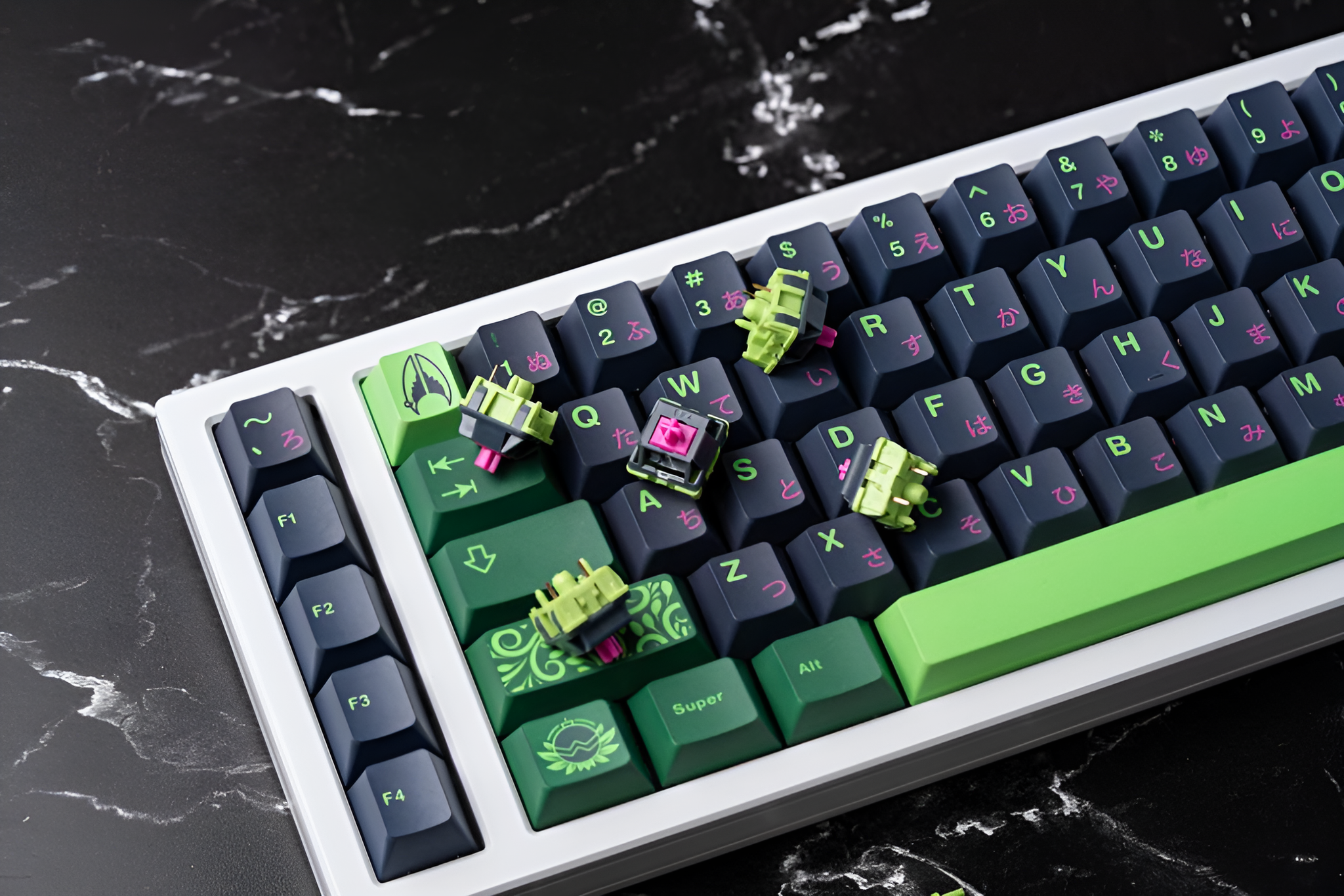 Forest Watcher Themed Switches; Forest Glow Linear Switches for mechanical keyboard. Built with a PC Top Housing, Nylon Bottom Housing, and a POM Stem that gracefully operates on a 63.5g spring,