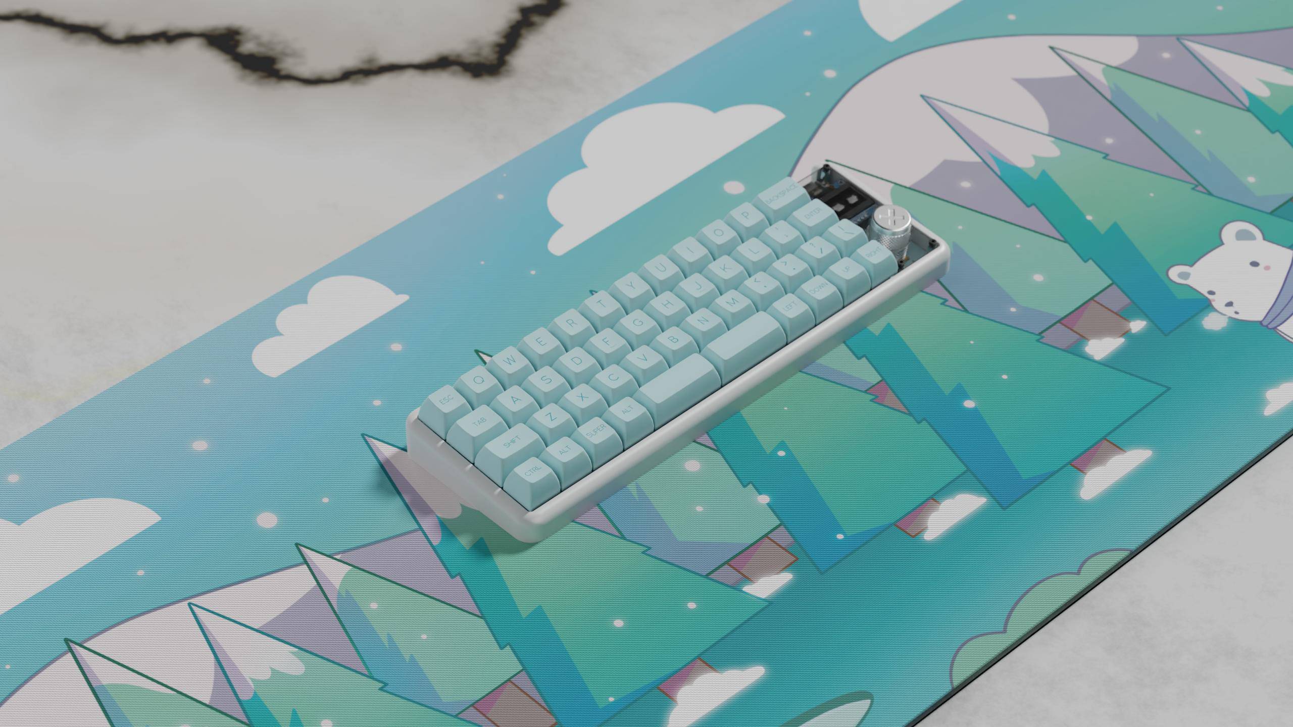 Bored Bear Deskmat with angled keyboard proxied by KeebsForAll