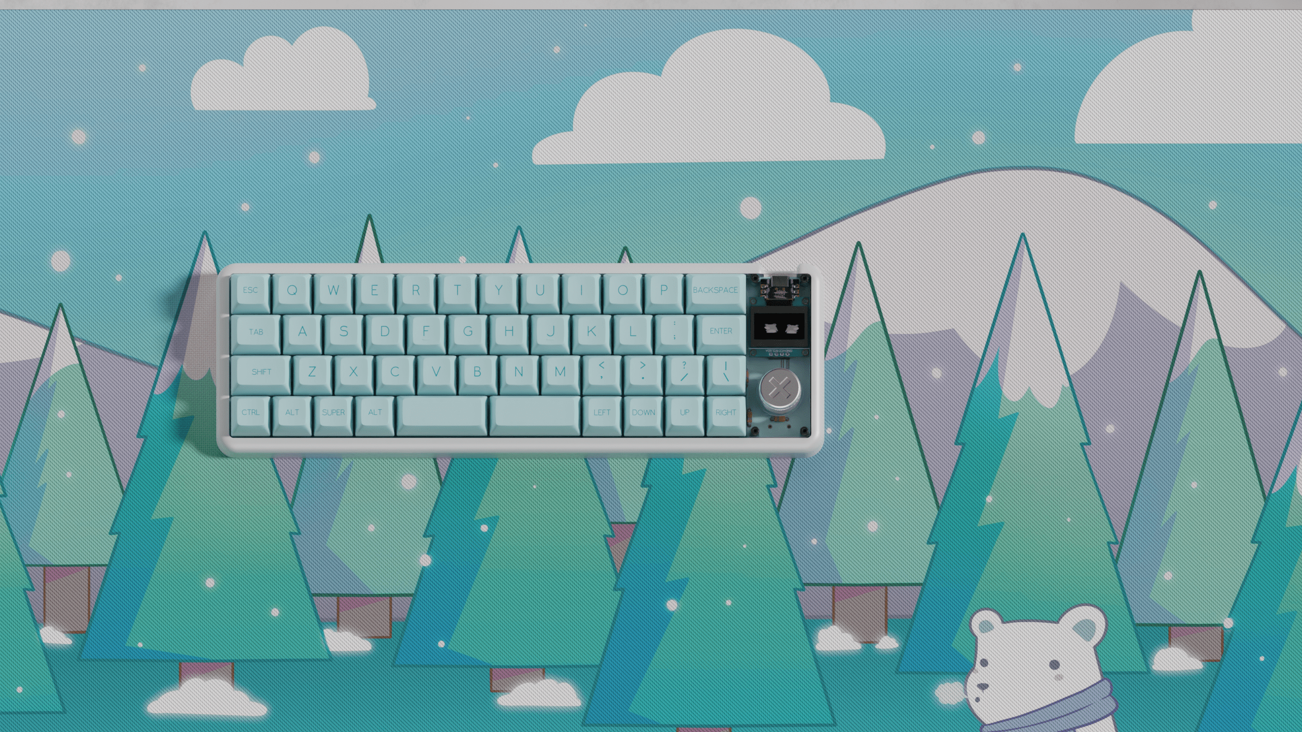 Bored Bear Deskmat with blue keyboard proxied by KeebsForAll