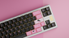 Close up of kfaPBT Pink Robin Keycaps