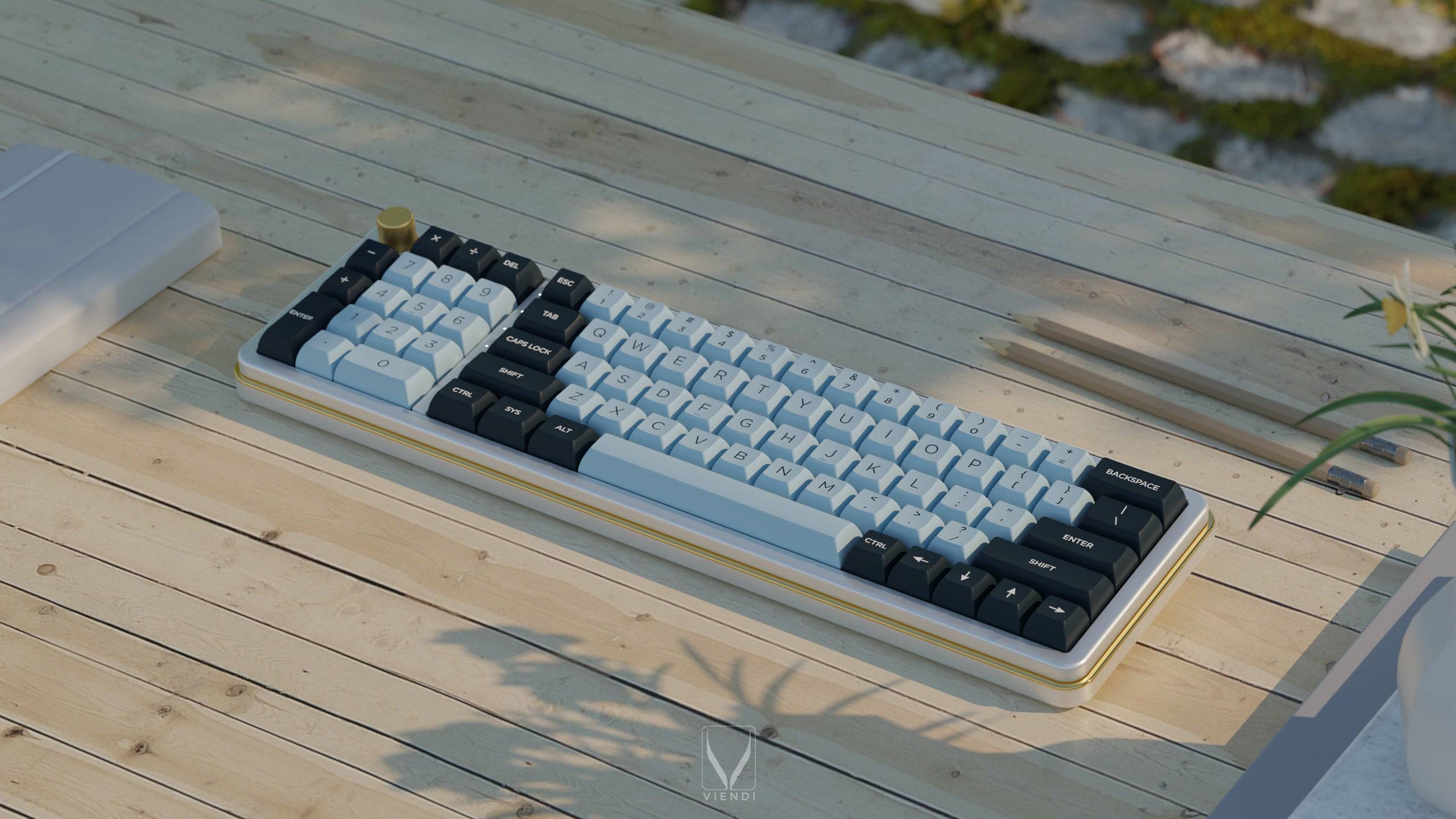 Viendi 8L full keyboard shown in the Mist color variant proxied by KeebsForAll