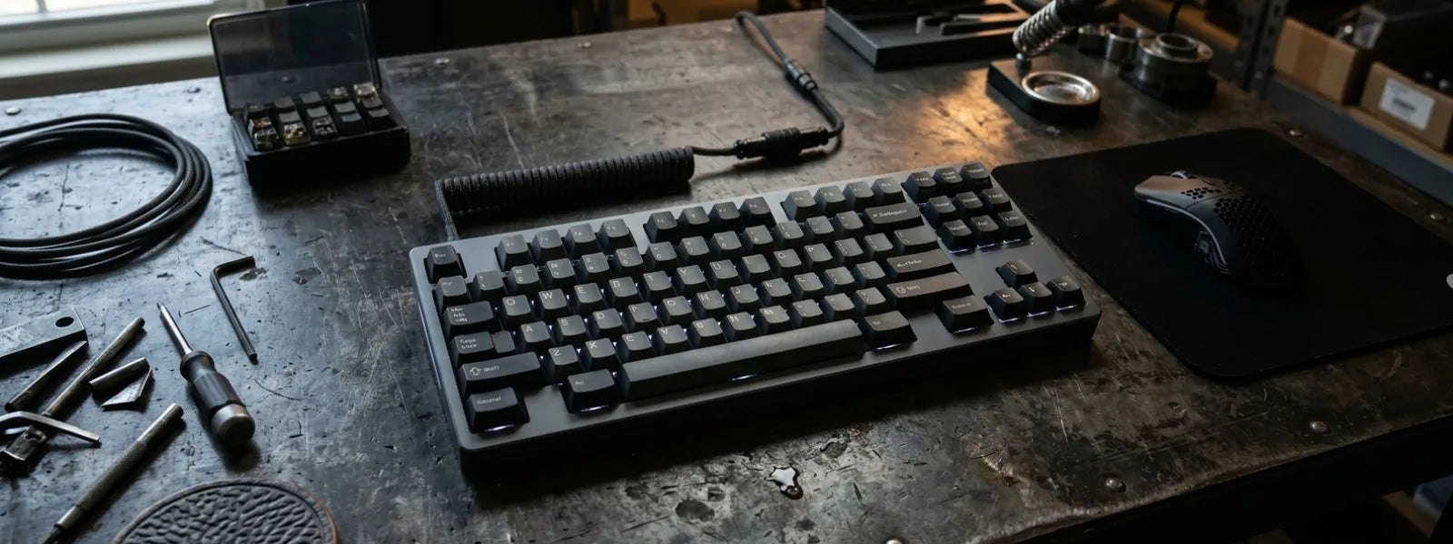 Dark grey Freebird Tenkeyless TKL custom mechanical keyboard kit on an industrial metal desk